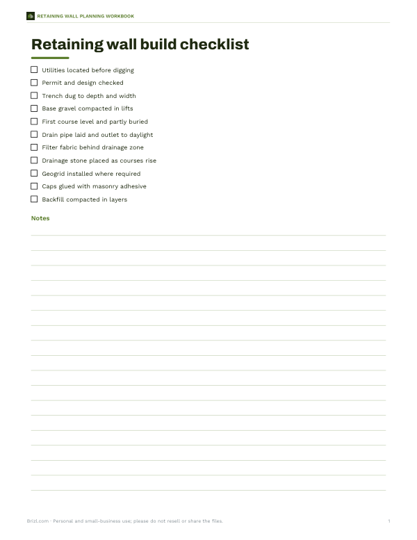 Preview of Printable Retaining Wall Build Checklist