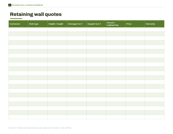 Preview of Printable Retaining Wall Quote Comparison